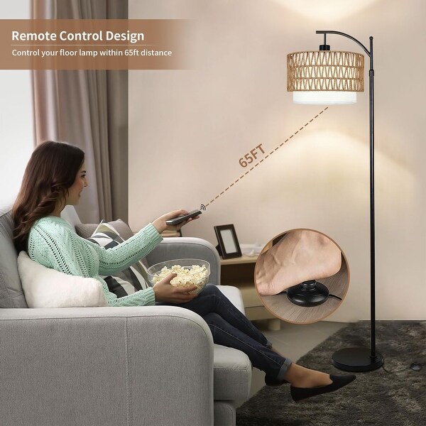 Arc Floor Lamp with Table and Shelves Rattan Boho with Remote Control Wicker Shades Black Standing Lamp with 3 Color Temperature