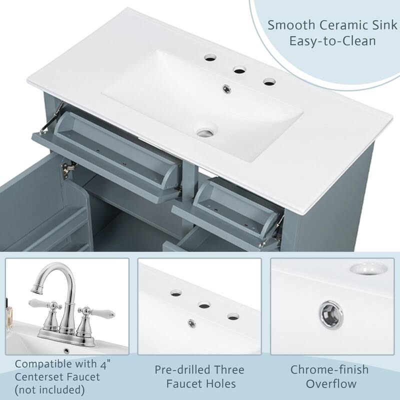 36" Bathroom Vanity with Sink, Ceramic Sink, 2 Tip-out Drawers, Soft Close Door Hinges