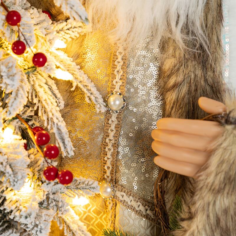 Glitzhome 4ft Oversized Christmas Woodland Santa with 5ft Pre-Lit Flocked Artificial Christmas