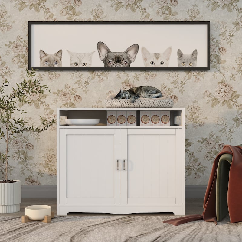 Cat Litter Box Enclosure with 2 Doors and Hidden Plug,White