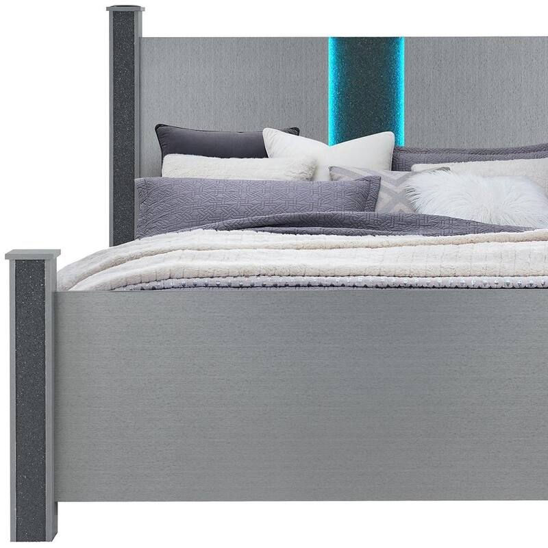 HomeRoots Silver Wood And Faux Crystals Lighted King Four Poster Bed Frame