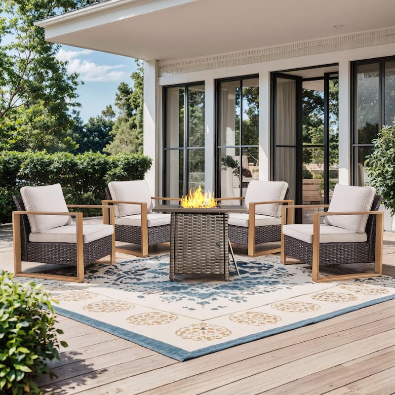 Pocassy 5-Piece Outdoor Patio Chair with Fire Pit Table Set - Beige cushion - Brown Wicker