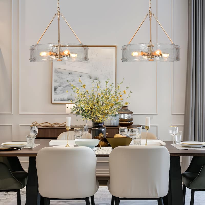 Modern Gold Glam Drum Chandelier 4-Light Glass Pendant Light for Kitchen Island and Dining Room - D 19.5" x H 19"