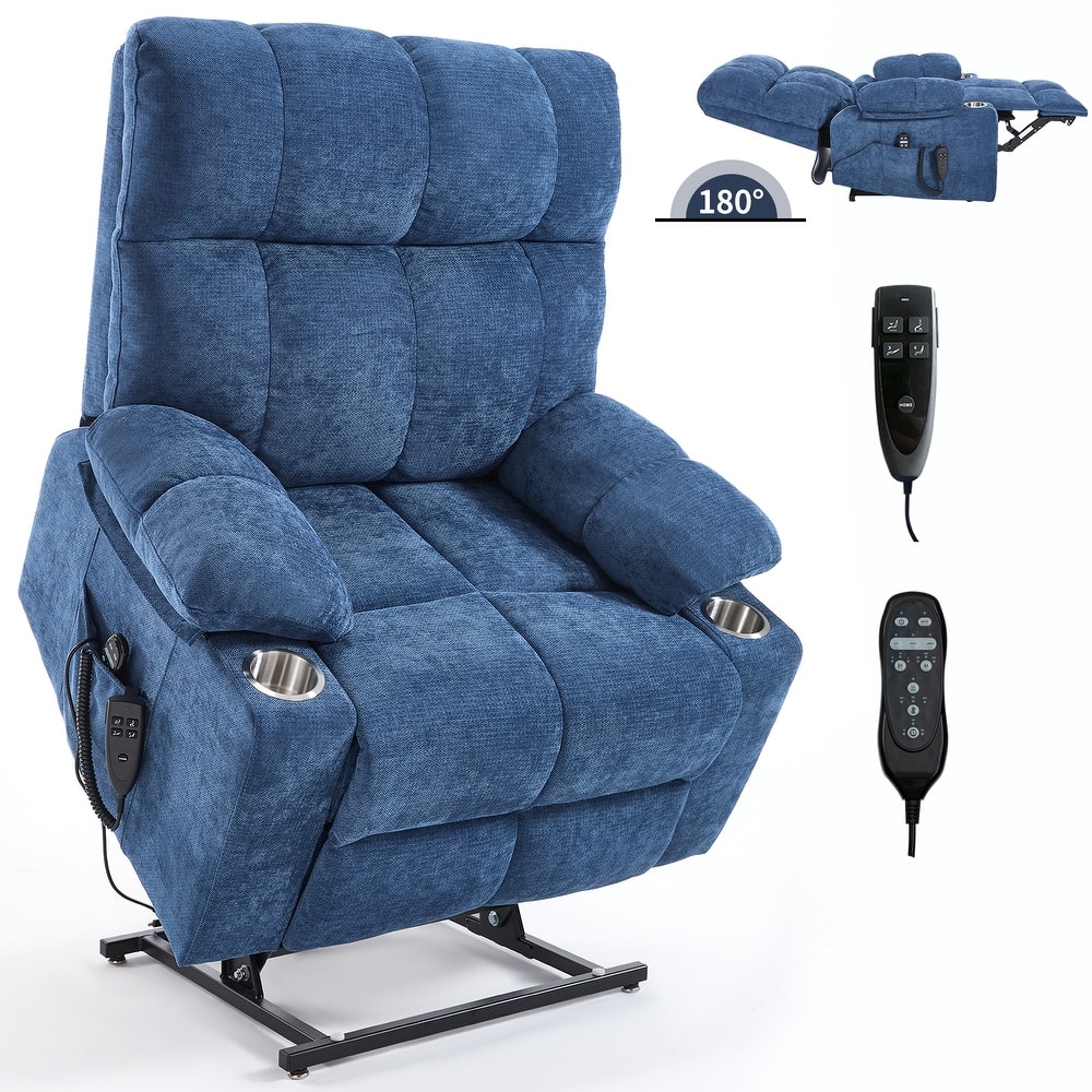 Chenille Power Lift Recliner Chair with Massage & Heating, Dual Motor Infinite Position Electric Recliner with Cup Holders