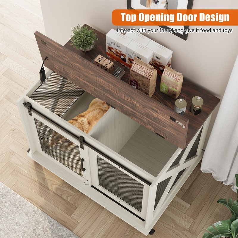 Large Wooden Dog Crate Kennel Furniture Side End Table with Flip Top and Movable Divider