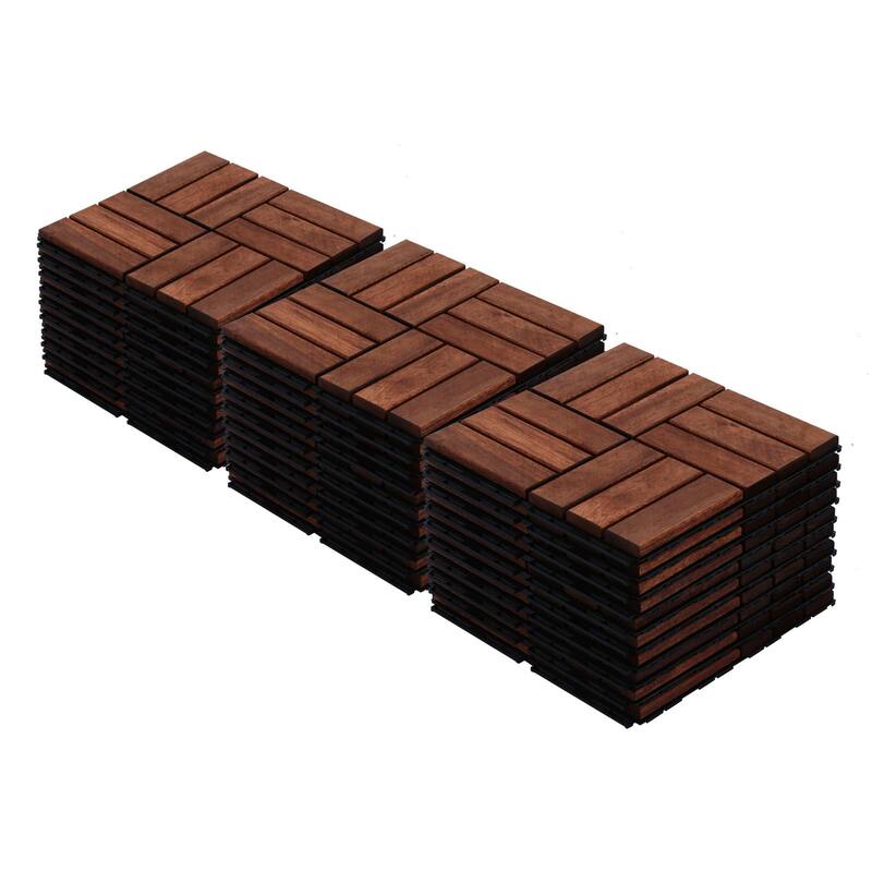 30 PCS Interlocking Deck Tiles Checker Pattern, 12" x 12" Square Acacia Hardwood Outdoor Flooring for Patio,Bancony,Pool Side - Brown