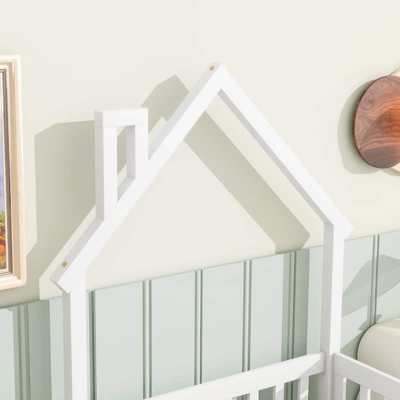 House-Style Twin Floor Bed with Fence, Pine Wood Bed Frame for Kids