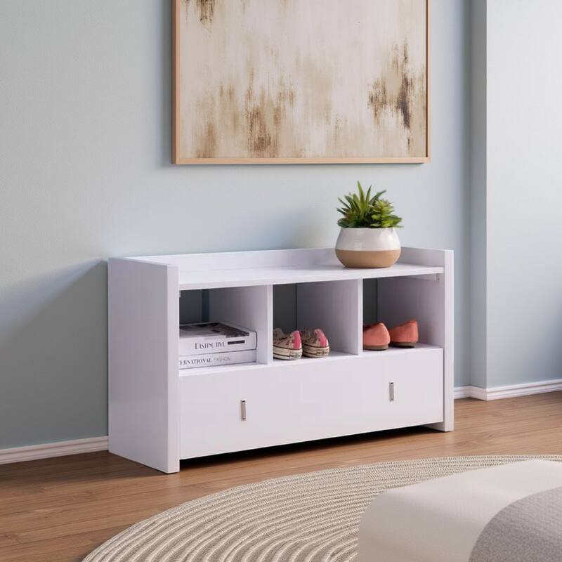 Beak Shoe Bench, 3 Open Shelves 1 Drawer, 34 Inch Classic White Finish