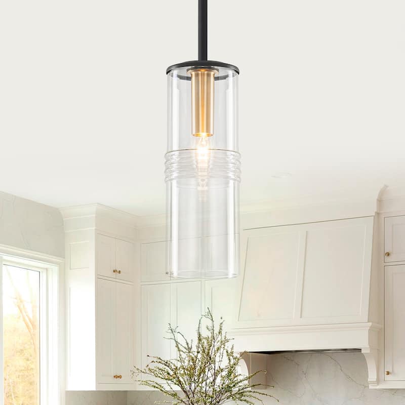 Industrial Black Mini Pendant Light Clear Cylindrical Glass Shade - Dia.3.54-in