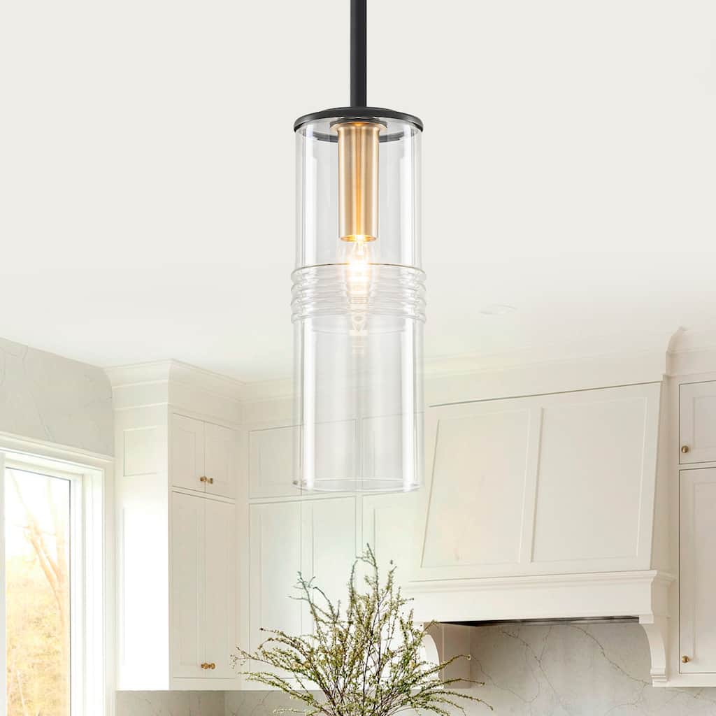 Industrial Black Mini Pendant Light Clear Cylindrical Glass Shade - Dia.3.54-in