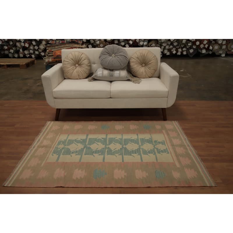 Hand Woven Oriental 100% Wool Carpet Southwestern Tribal Green Kilim Area Rug - 5' 7'' X 3' 9''