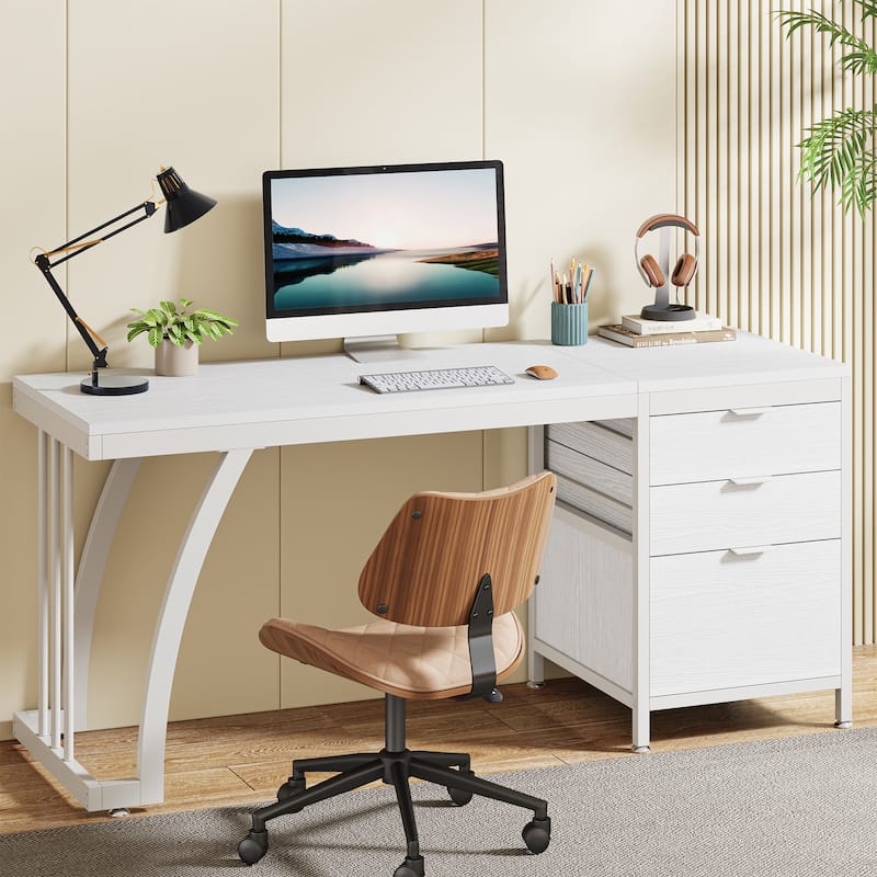 59 inch Reversible Computer Desk with 3 Drawer Cabinet, Industrial Study Writing Table Workstation for Home Office Bedroom - White