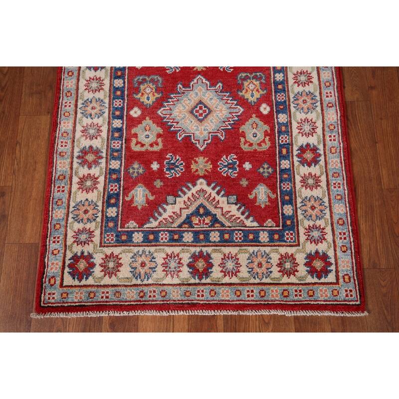 Red Geometric Kazak Runner Rug Hand-Knotted Wool Carpet - 2'7" x 9'8"