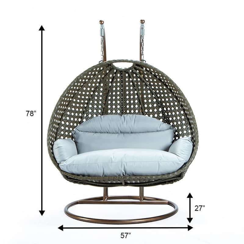 LeisureMod 2-Person Hanging Egg Swing Chair with Metal Stand - Handcrafted Beige Wicker, Patio Hammock Lounger with Cushions