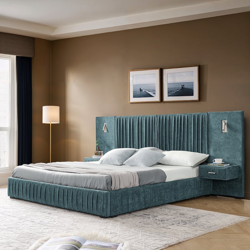 Chenille Upholstered Pleated Platform Bed Frame Wingback Headboard with Side Tables and Adjustable Lamps