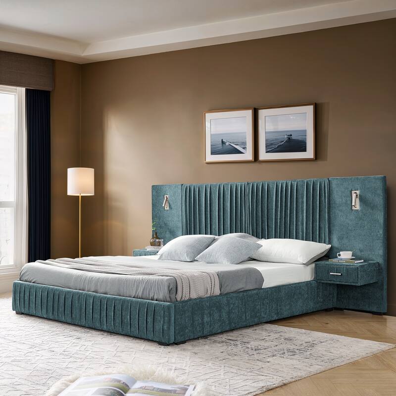 Queen Size Upholstered Platform Bed with Headboard, Integrated Bedside Table, and Adjustable Lamps, Blue-Green