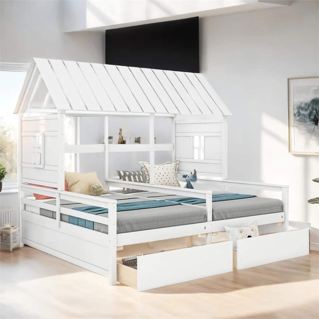 Twin Size House Platform Beds with Two Drawers