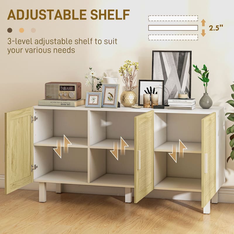 Boho Sideboard Buffet Cabinet with 3-Rattan Doors and Adjustable Shelves, White & Natural