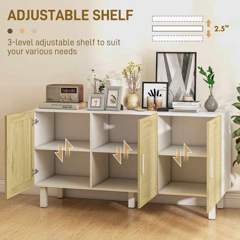 Sideboard Buffet Cabinet with 3-Rattan Doors, Adjustable Shelves & Elevated Base, Boho Kitchen Storage Cabinet, White & Natural