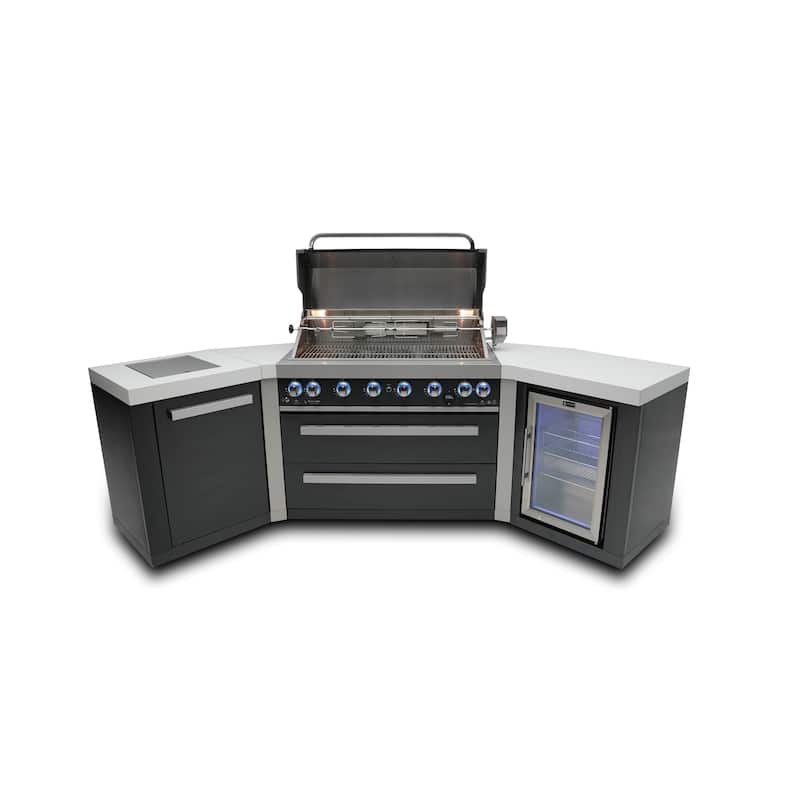 Mont Alpi MAi805-BSS45FC 6-Burner U-Shaped 45° Corner Black Stainless Steel Outdoor Kitchen Island Grill with Fridge Cabinet