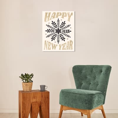 Wynwood Studio Canvas Holiday and Seasonal Happy New Year Snowflake Gold Glam Wall Art Canvas Print