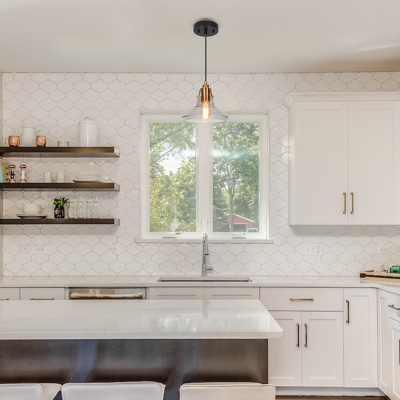 Modern Farmhouse 1-Light Black Gold Kitchen Island Pendant Light with Grey Glass - 8.5"Dia