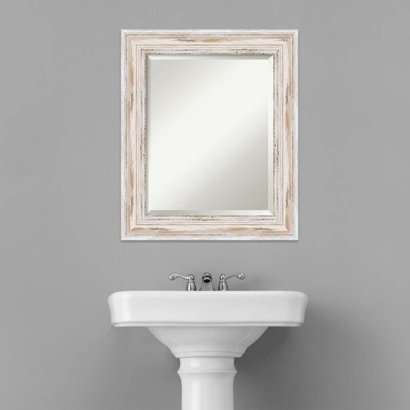 Beveled Wood Bathroom Wall Mirror - Alexandria White Wash Frame