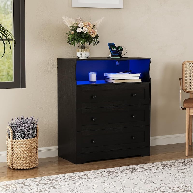 3 Drawer Dresser for Bedroom with Charging Station & LED Lights - Black