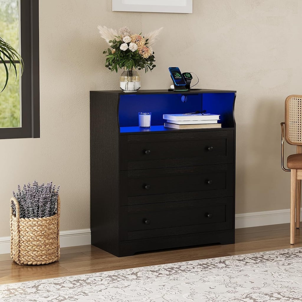 3 Drawer Dresser for Bedroom with Charging Station & LED Lights