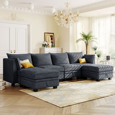 U-Shape Modular Sectional Sofa with Storage Chaise and Movable Ottoman Convertible Sofa Bed, Lounge Couches with 2 Pillows