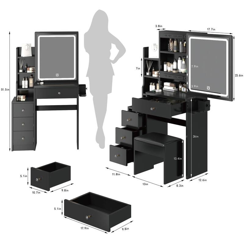 Left Cabinet Makeup Vanity with LED Mirror and USB Power Station and Cushioned Stool