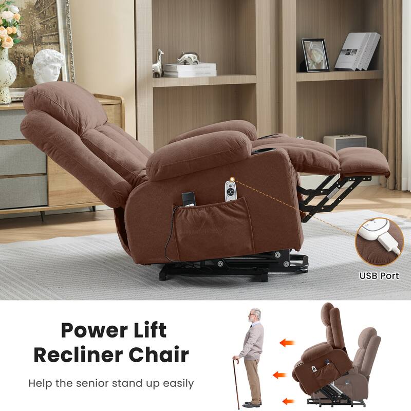 Power Lift Recliner with Heat & Massage USB Side Pockets for Elderly