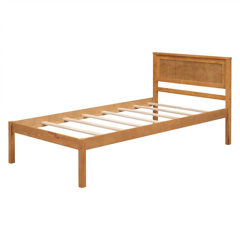 Brown Space-Saving Twin Pine Platform Bed Frame with Headboard - No Box Spring Required