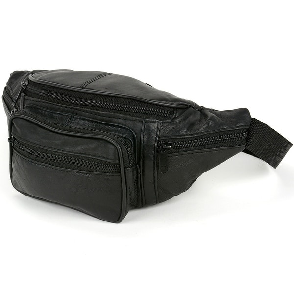 slide 1 of 7, Leather Fanny Pack Waist Bag 6 Pockets Adjustable Belt Strap Travel Pouch Black - One Size