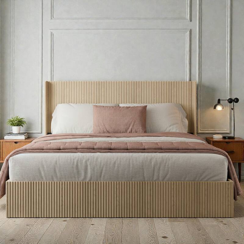 Wood Lift Storage Platform Bed with Raised Headboard, Gas Lift Design, No Box Spring Needed, Queen King - Oak - King