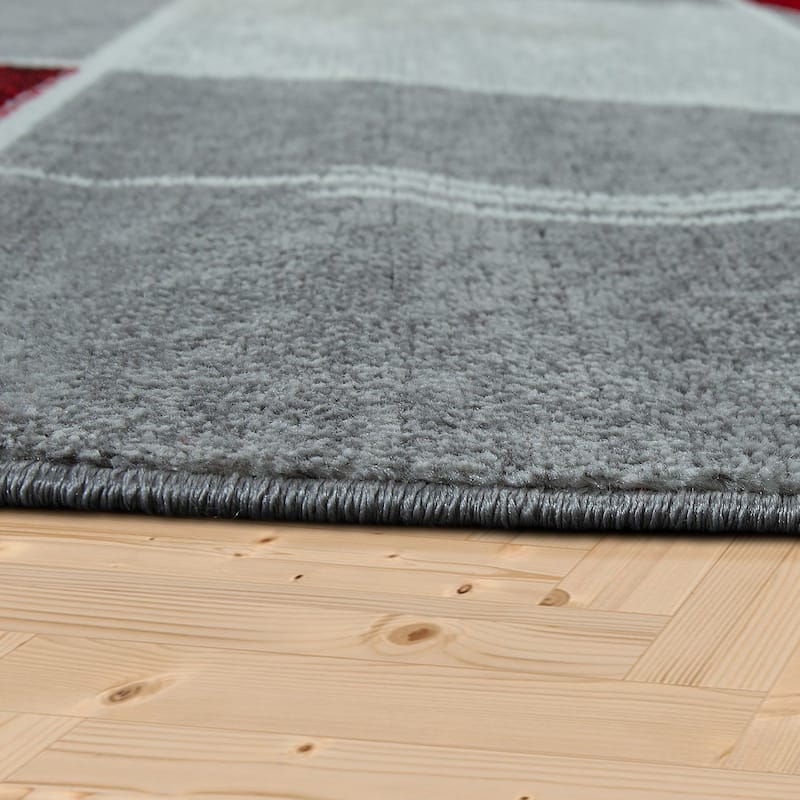 Grey Red White Area Rug Checked with Marble Effect Mottled Colors
