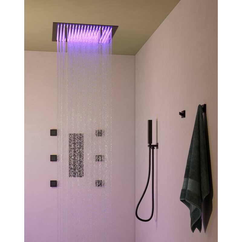 Thermostatic Shower System with 20'' LED Rainfall Head, Body Jets, Handheld Spray and Remote-Control Lighting - 20*20