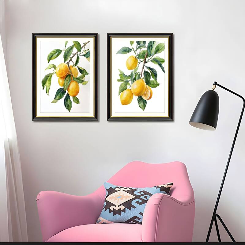 Set of 2 Lemon Botanical Canvas Wall Art - Interchangeable Prints with Solid Wood Frames, Fresh Fruit Artwork for Kitchen