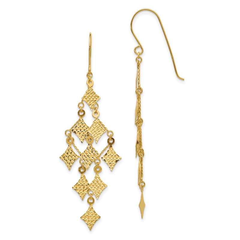 Curata 14k Yellow Gold Polished Shepherd Hook Sparkle Cut Chandelier Dangle Earrings - 61x18mm