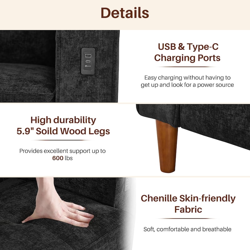 Modern 82.68 " Chenille Upholstered Sofa Loveseat Sofa with USB Ports for Living Space