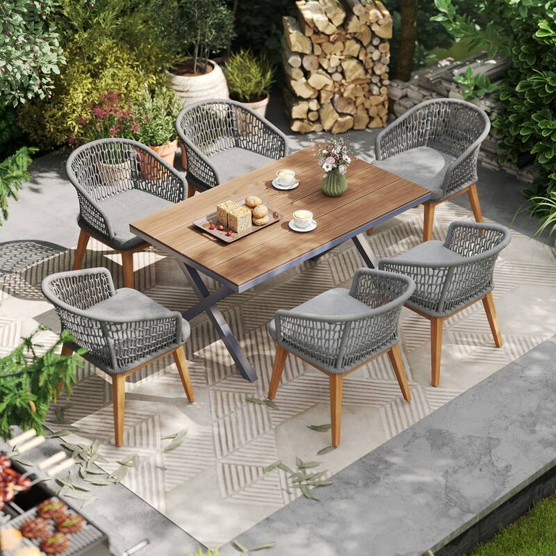 Outdoor 7-Piece Dining Chair with Rope-woven Backrest and Table Set - Dark Grey