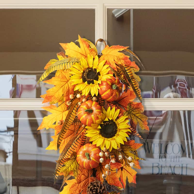 Glitzhome 26"H Fall Sunflower Pumpkin Lotus Leaf Teardrop Swag for Thanksgiving