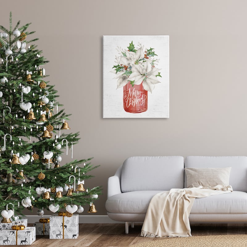 Stupell Merry Christmas White Poinsettia Holly Berries Bouquet Canvas ...