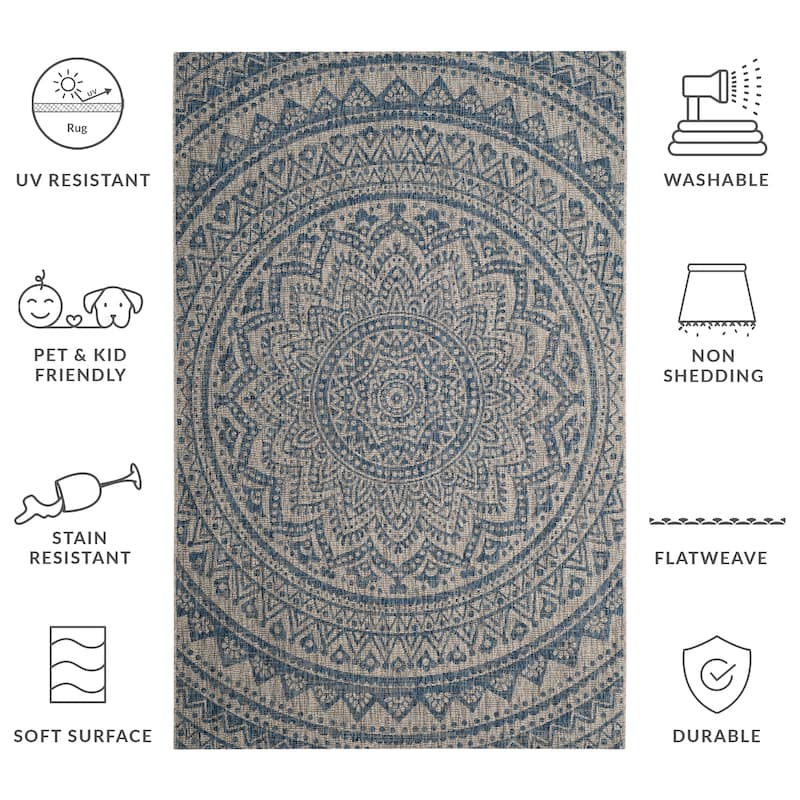 SAFAVIEH Courtyard Deepa Mandala Indoor /Outdoor Waterproof Patio Backyard Rug - 5'3" x 7'7" - Light Grey/Blue
