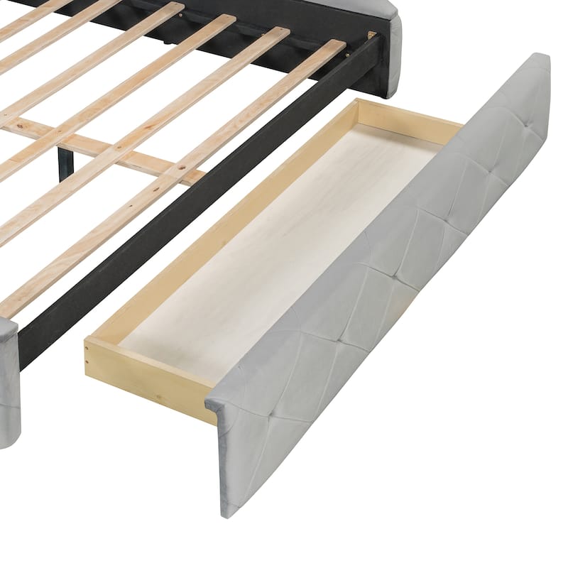 Low Profile Bed Queen Size Velvet Upholstered Platform Bed with Wingback Headboard, Big Drawer and 2 Semicircle Side Stools