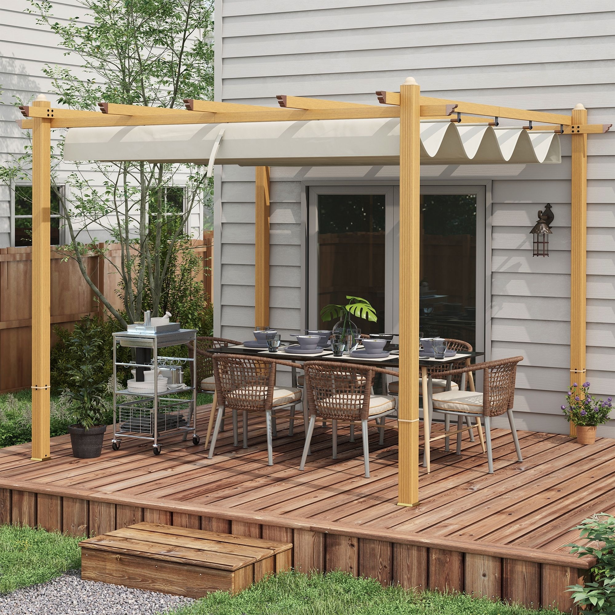 Outsunny 10' x 10' Retractable Pergola Canopy, Wood Grain Aluminum Pergola