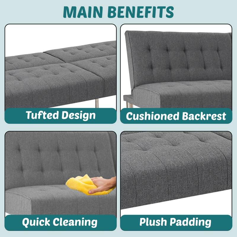 Tufted Mid-Century Modern Split Back Futon Sofa Couch Bed with Chrome Legs