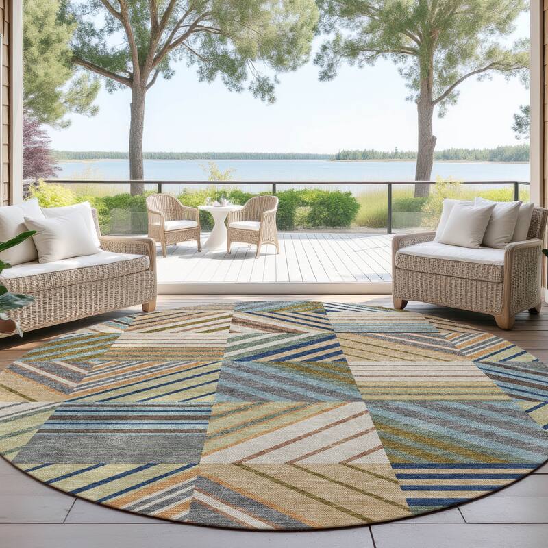 Machine Washable Indoor/ Outdoor Geo Mosaic Chantille Rug - Beige - 8' x 8'
