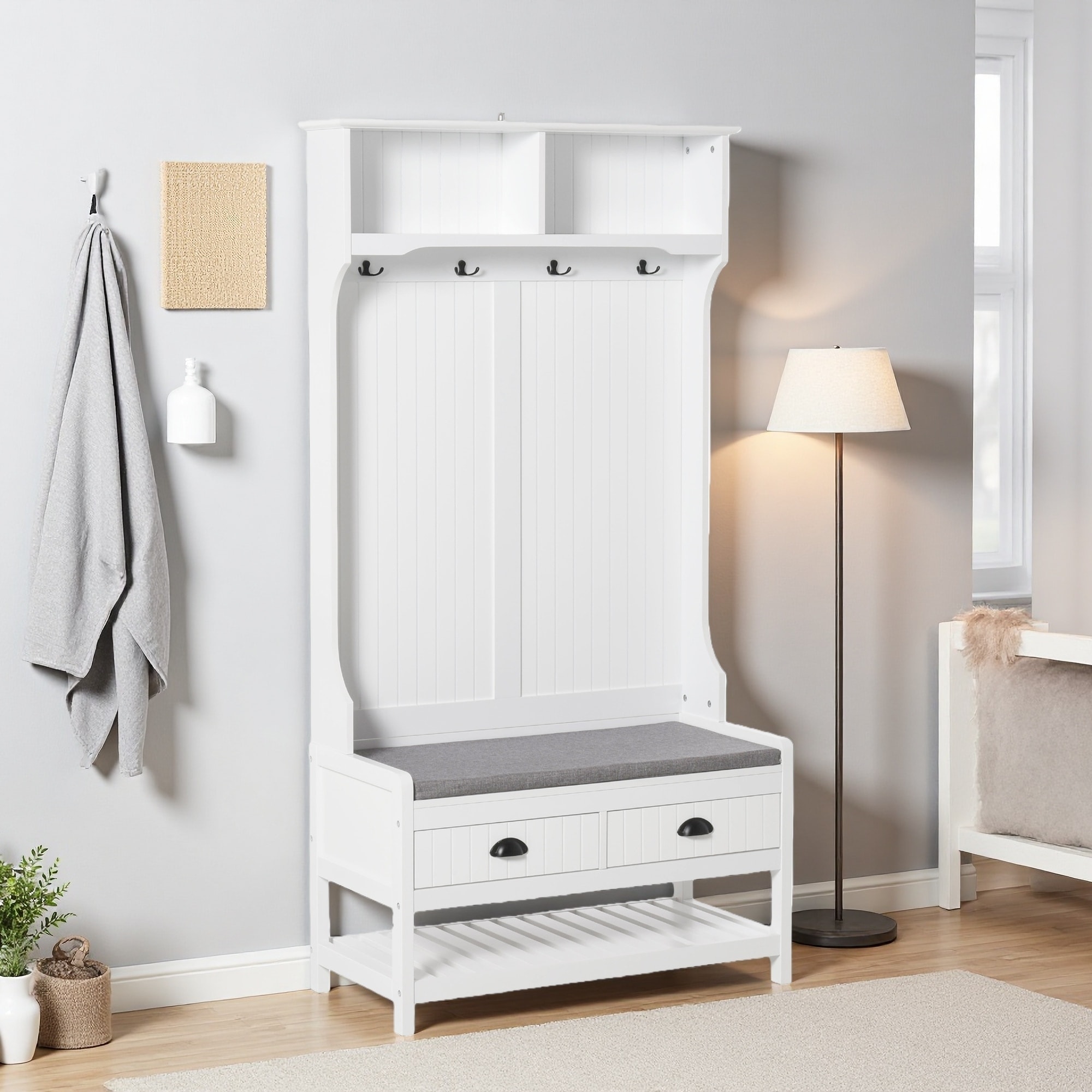 35"L Wooden Hall Tree, 2 Storage Drawers, 4 Coat Hooks & Padded Seat