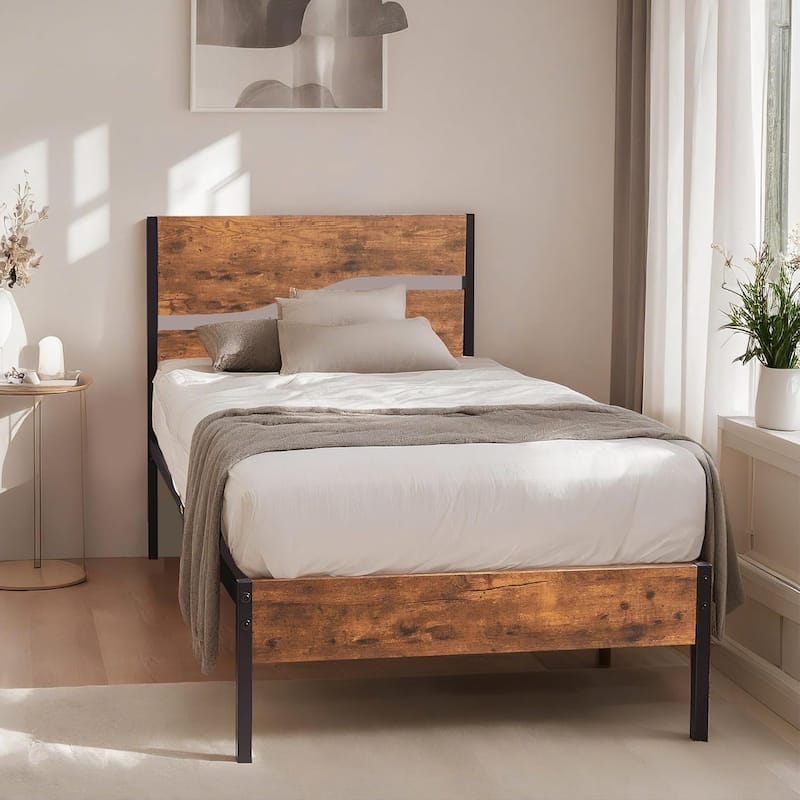VECELO Beds Industrial Platform Bed Frame with Wood Headboard,Easy Set up